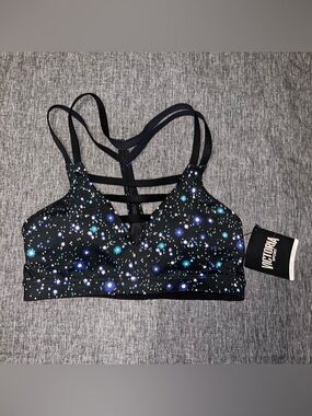 VSX Victoria’s Secret Black Galaxy Print Strappy Sports Bra Purple Teal White